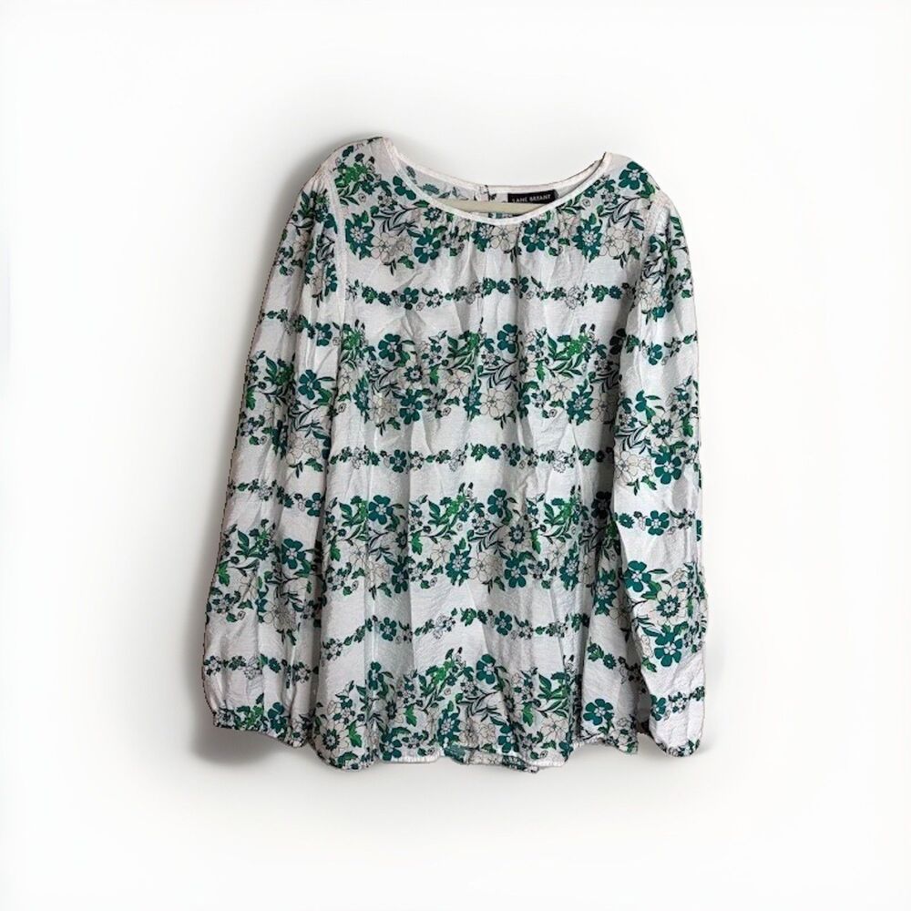 Lane Bryant 404596 Long-Sleeve Peasant Top Sz 22 Round Neck White Green Floral